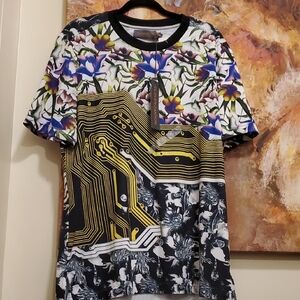 Clover Canyon Black and White Short Sleeve Tee with Floral and Abstract Design